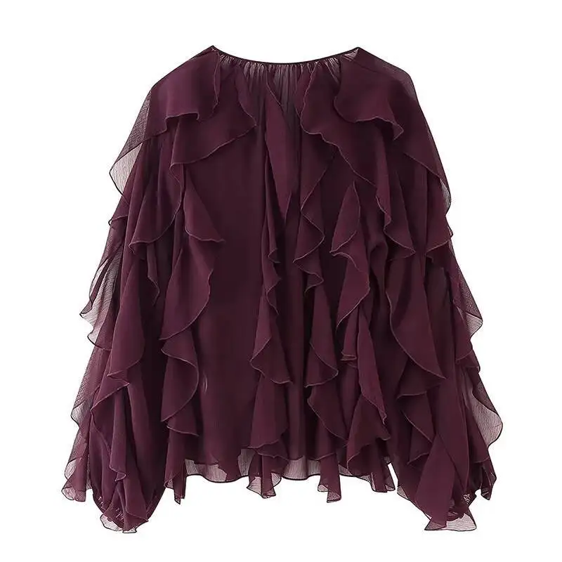 New 2025 Women Sexy Semi-Sheer Ruffle Shirt Long Sleeve V Neck Front Button Spring Blouse Bury Blusas Mujer - Image 4