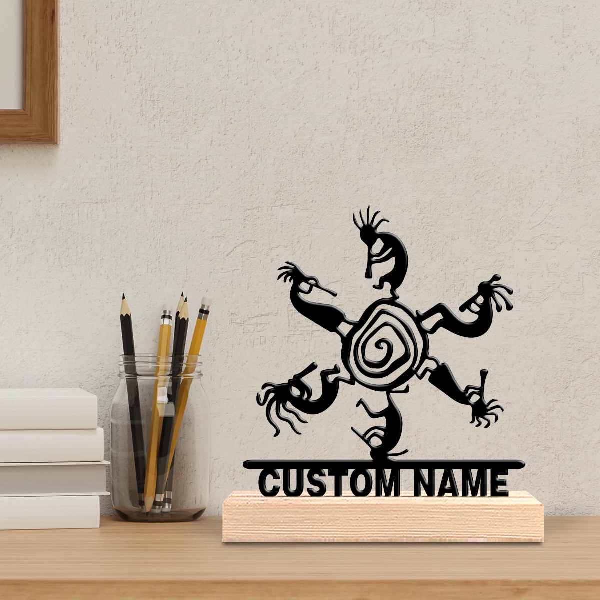 1 Stück personalisierte, individuell bemalte Metallkunstfiguren mit Holzsockel, Tischdekoration, Desktop-Skulptur mit Holzsockel