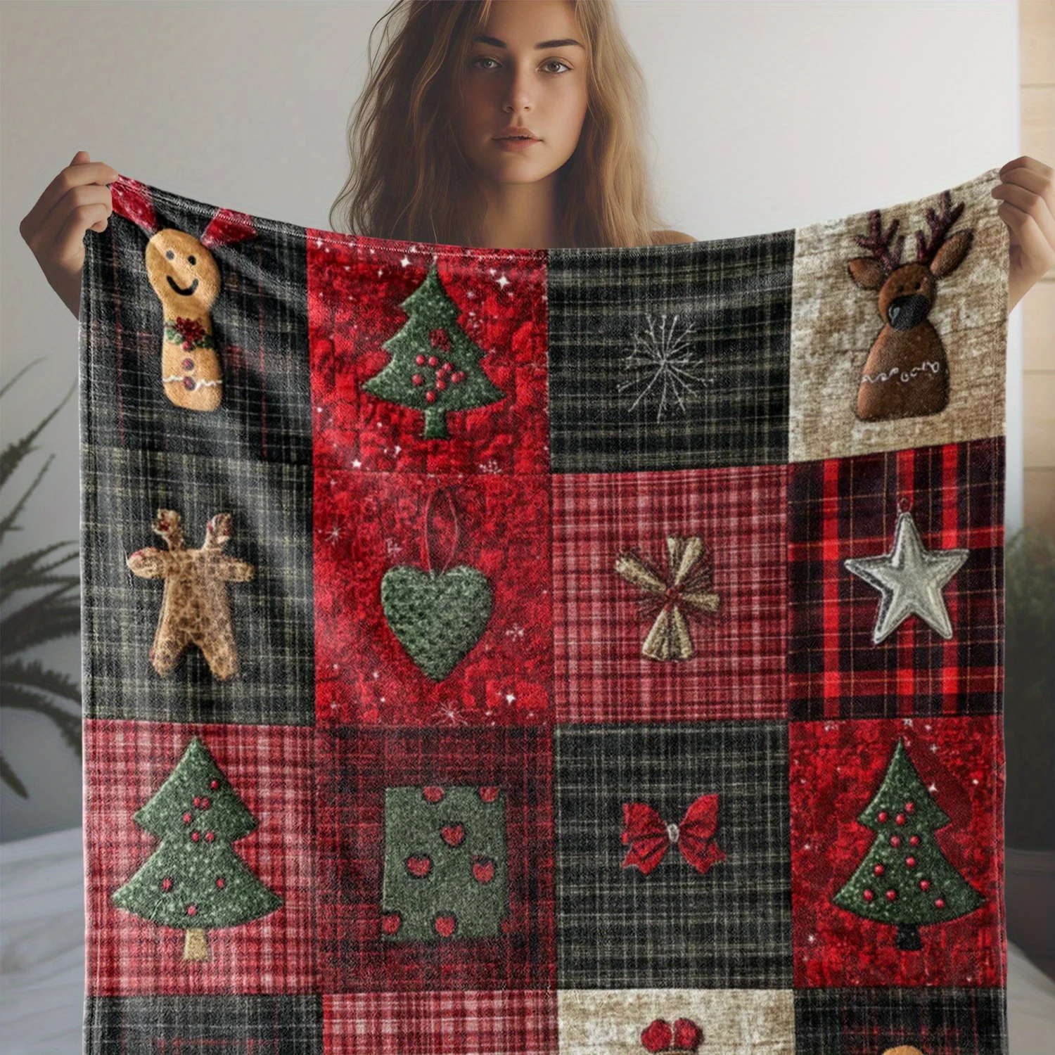 1pc Rustic Plaid Christmas Star Gingerbread Man Christmas Tree Floral Print Throw Blanket, Soft Warm Knitted Polyester Flannel