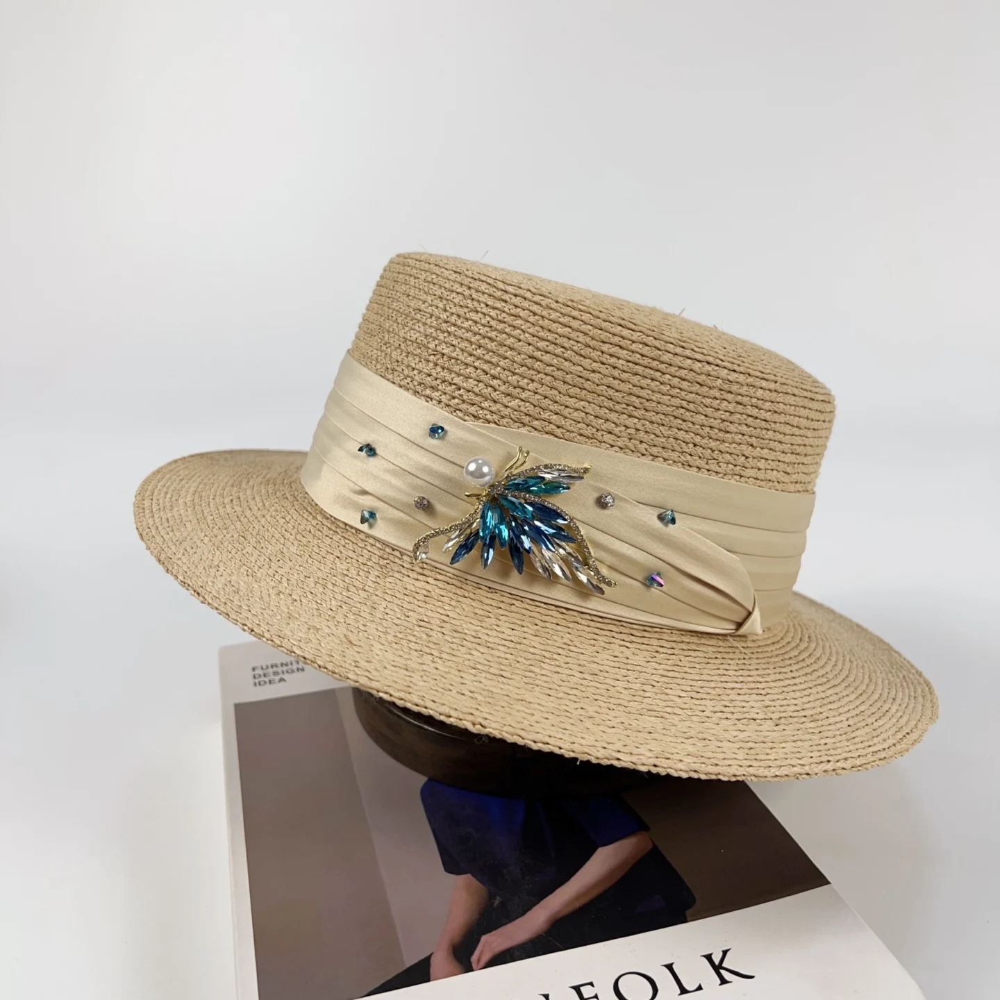 retro-women's-straw-hat-spring-summer-flat-top-bow-tie-british-style-flat-brim-hat-hepburn-style-sunshade-casual-adjustable-hat