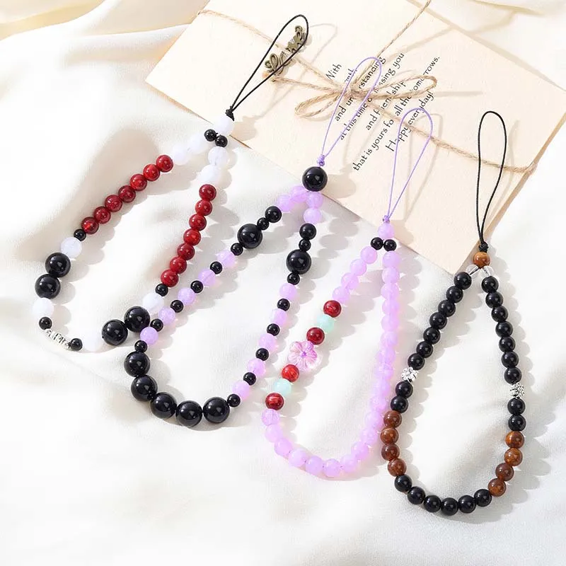 New Red Cherry Pendant Wrist Strap Phone Case Rope Fashion Red Agate Purple Jade Crystal Beaded Phone Chain Jewelry Lanyard