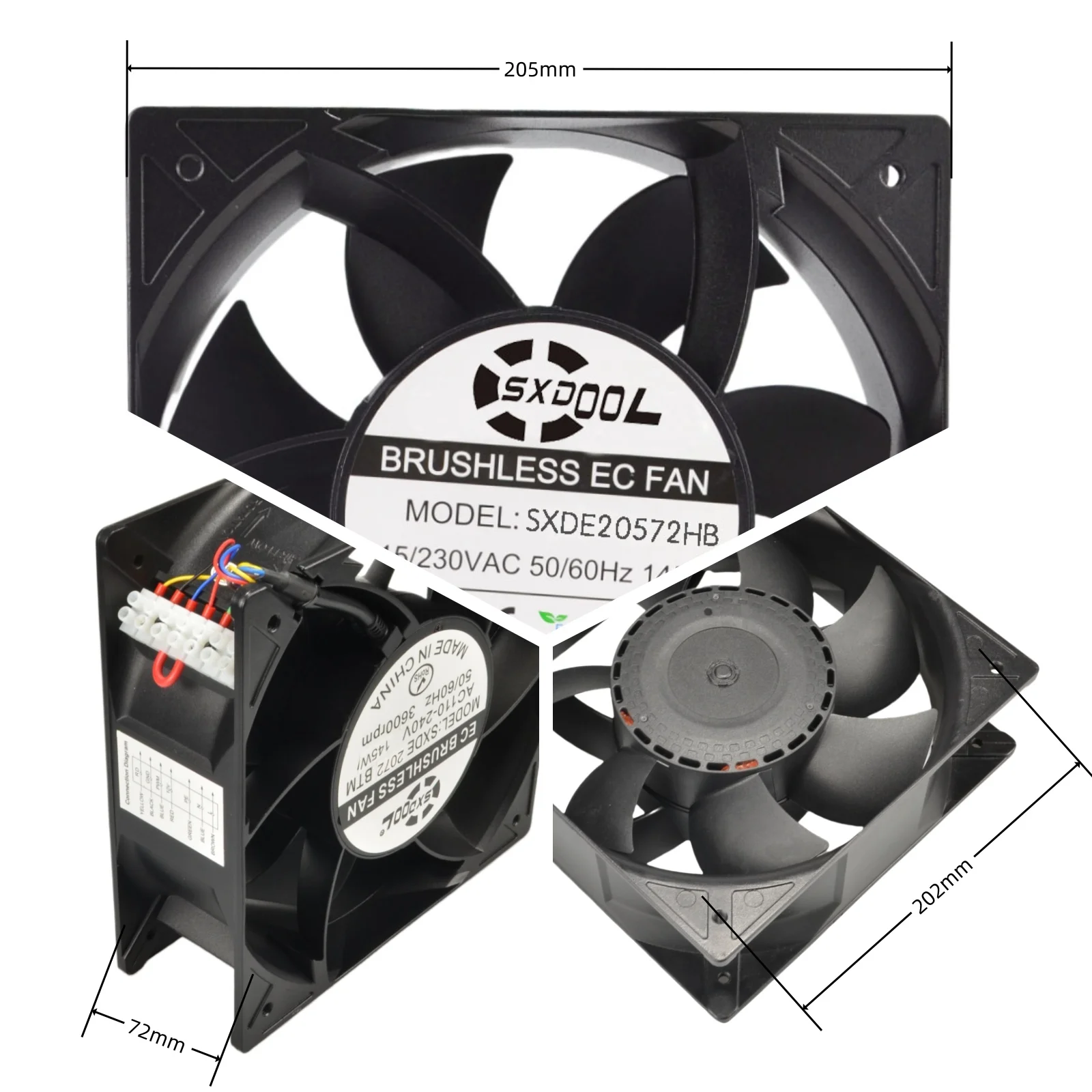 

Охлаждающий вентилятор EC 205 мм SXDE20572HB, 115 В/230 В, 963 куб. футов в минуту, 3600 об/мин, высокоэффективный промышленный охладитель для зарядных стоек и шкафов
