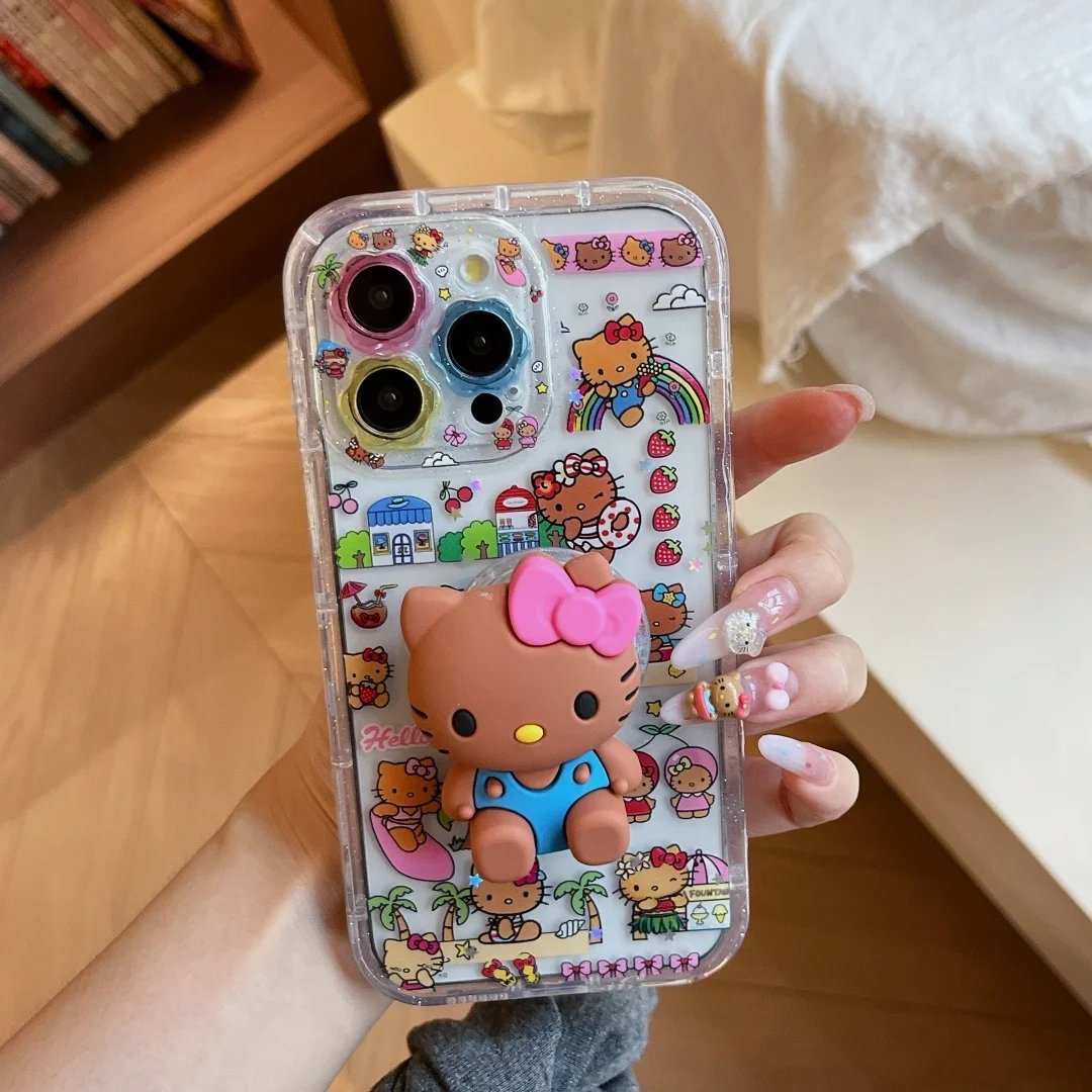 

Cute Black Skin Surfing Hello Kitty KT mini Stand Holder iPhone Case For iPhone 16 15 14 13 12 Pro Max INS Transparent Cover