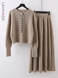 LANMREM Korean Style Knited Two-piece Set Women's O-neck Single Breasted Cardigan With Elastic Waist Skirts 2024 New 2Z2871