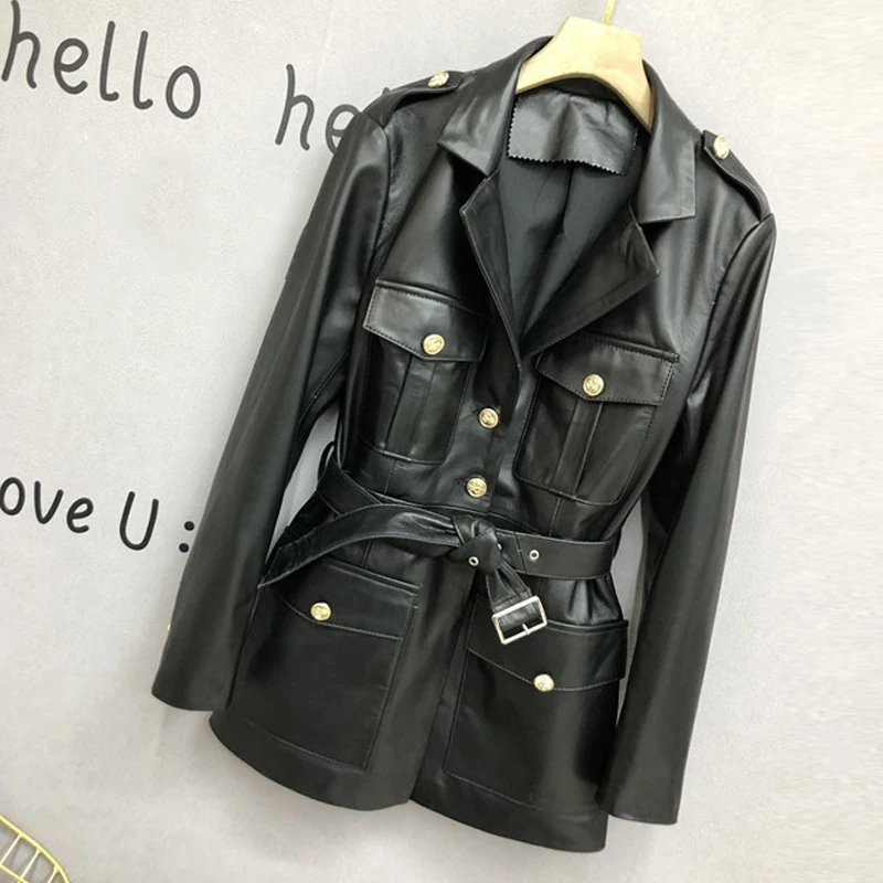 Vestes Vintage multi-poches en cuir véritable pour femmes, manteaux de costume chic en peau de mouton à simple boutonnage avec ceinture à lacets, nouvelle collection 2025