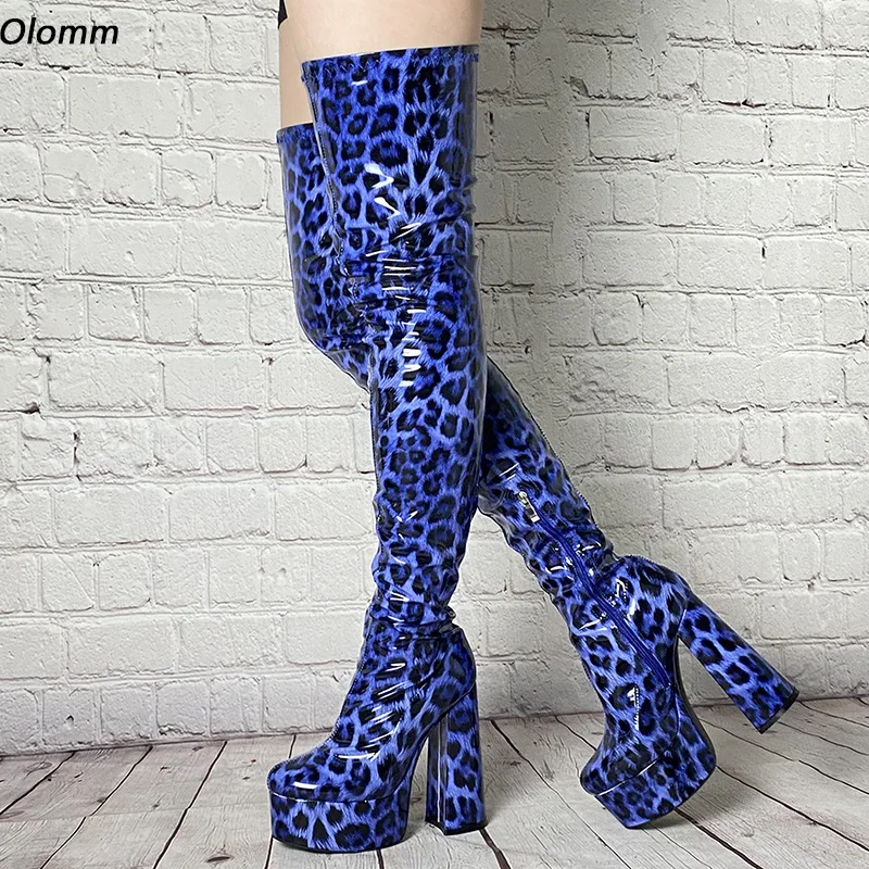 

Olomm Women Winter Platform Unisex Thigh Boots Patent Side Zipper Block Heels Round Toe Blue Brown Club Shoes Plus US Size 5-15