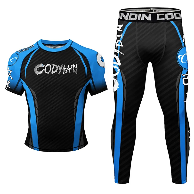 New design Men's Rash Guard T-shirts +Muay Thair Shorts anti-uv Rashguard Boxing Clothing Sets With Rubber Bottom Bjj Sportswear image 5