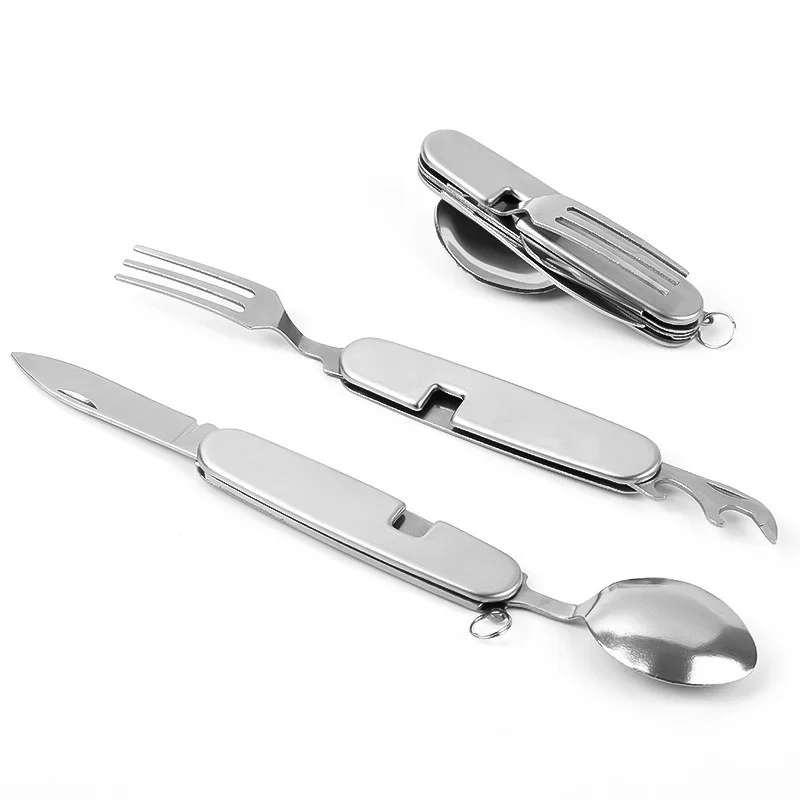 Cuillère de camping de pique-nique portable, multi-outil, possède une fourchette Spork, couverts, couteau britannique, couverts, ouvre-bouteille,