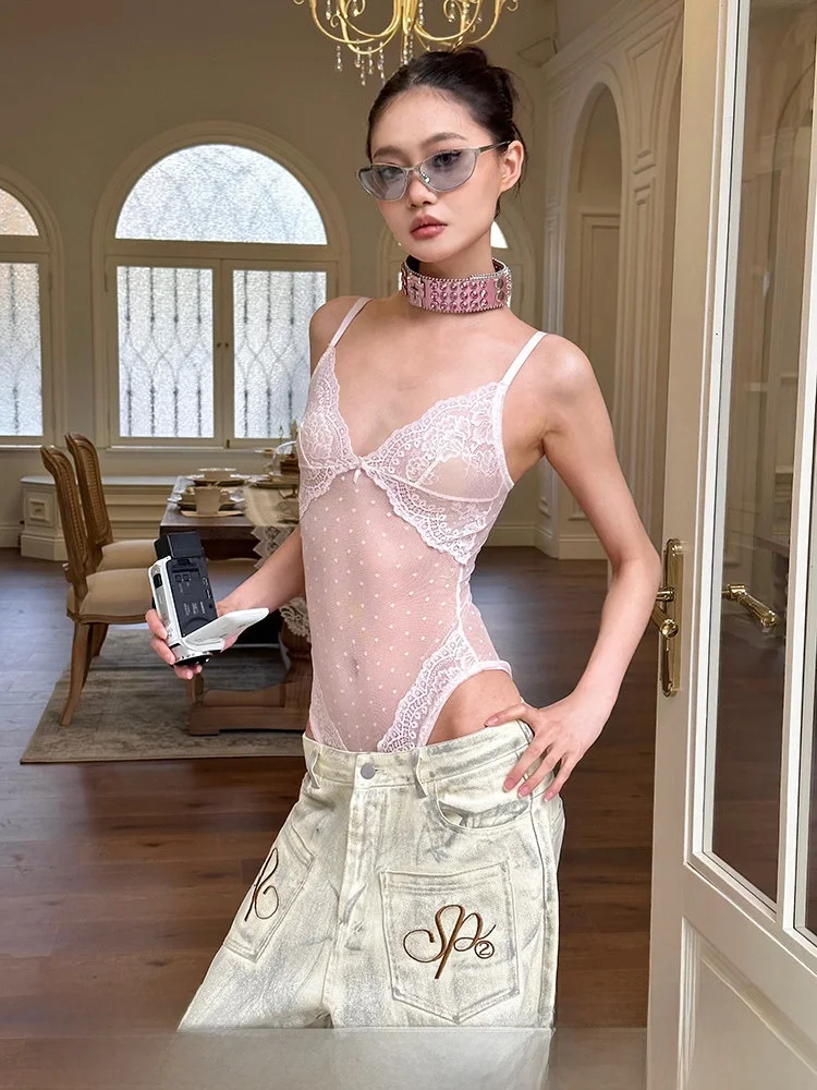 

Sexy White Lace Crop Top Women's Tight Polka Dot See tough Strap Onesie High Waist ort Pants Summer 2025 Ladies' Faion