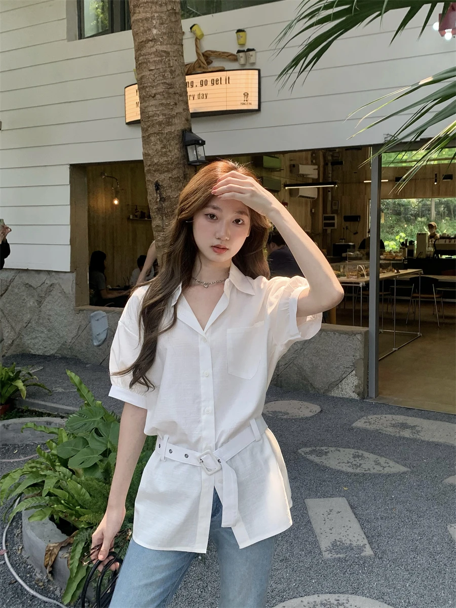 Casual White Long Sve Women's irt Waist Belt Design Autumn Commute irt Medium Length Pure Color  Collar Button Clo...