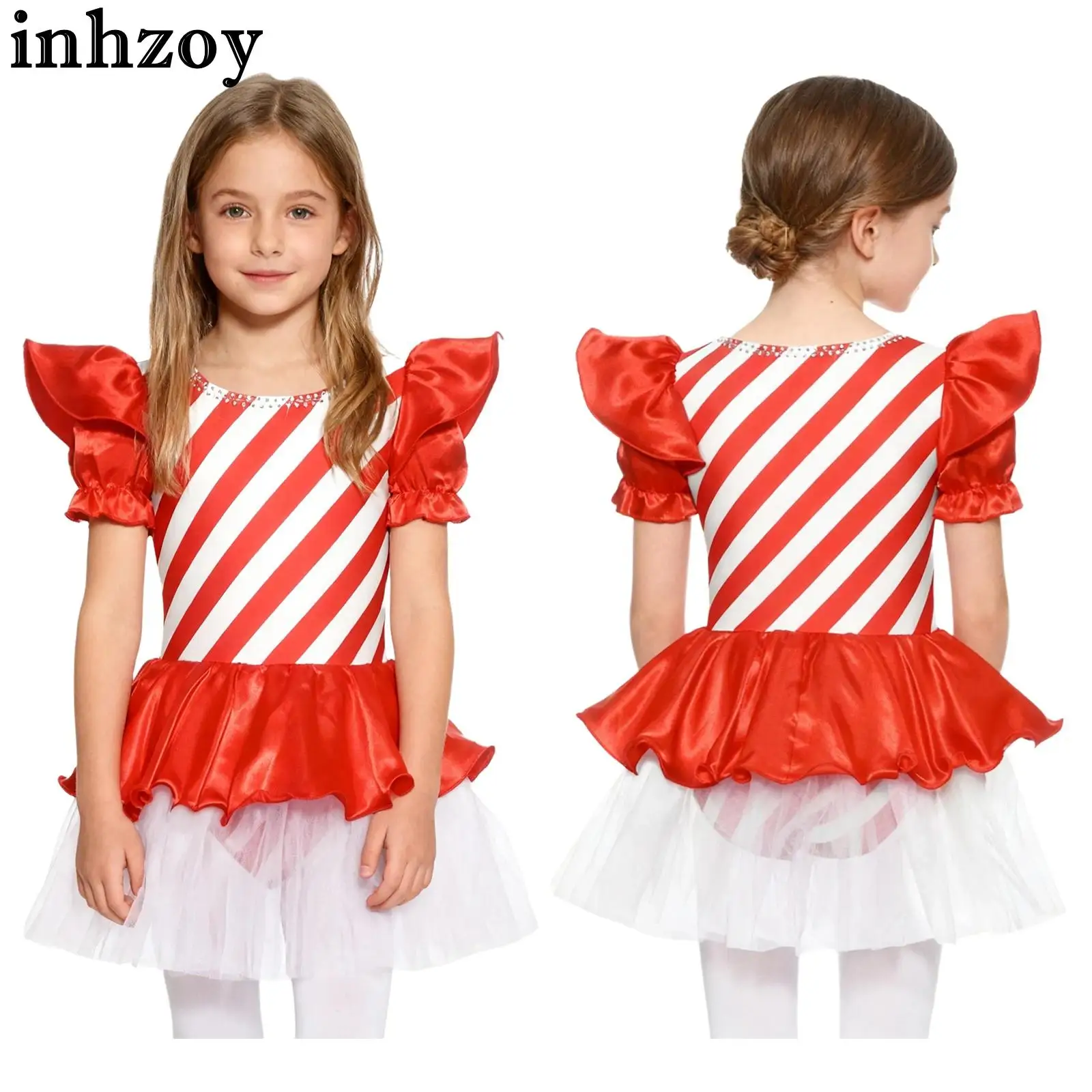 

Teen Girls Christmas Santa Elf Cosplay Costume Short Sleeve Candy Cane Striped Tulle Skating Ballet Dance Tutu Leotard Dress