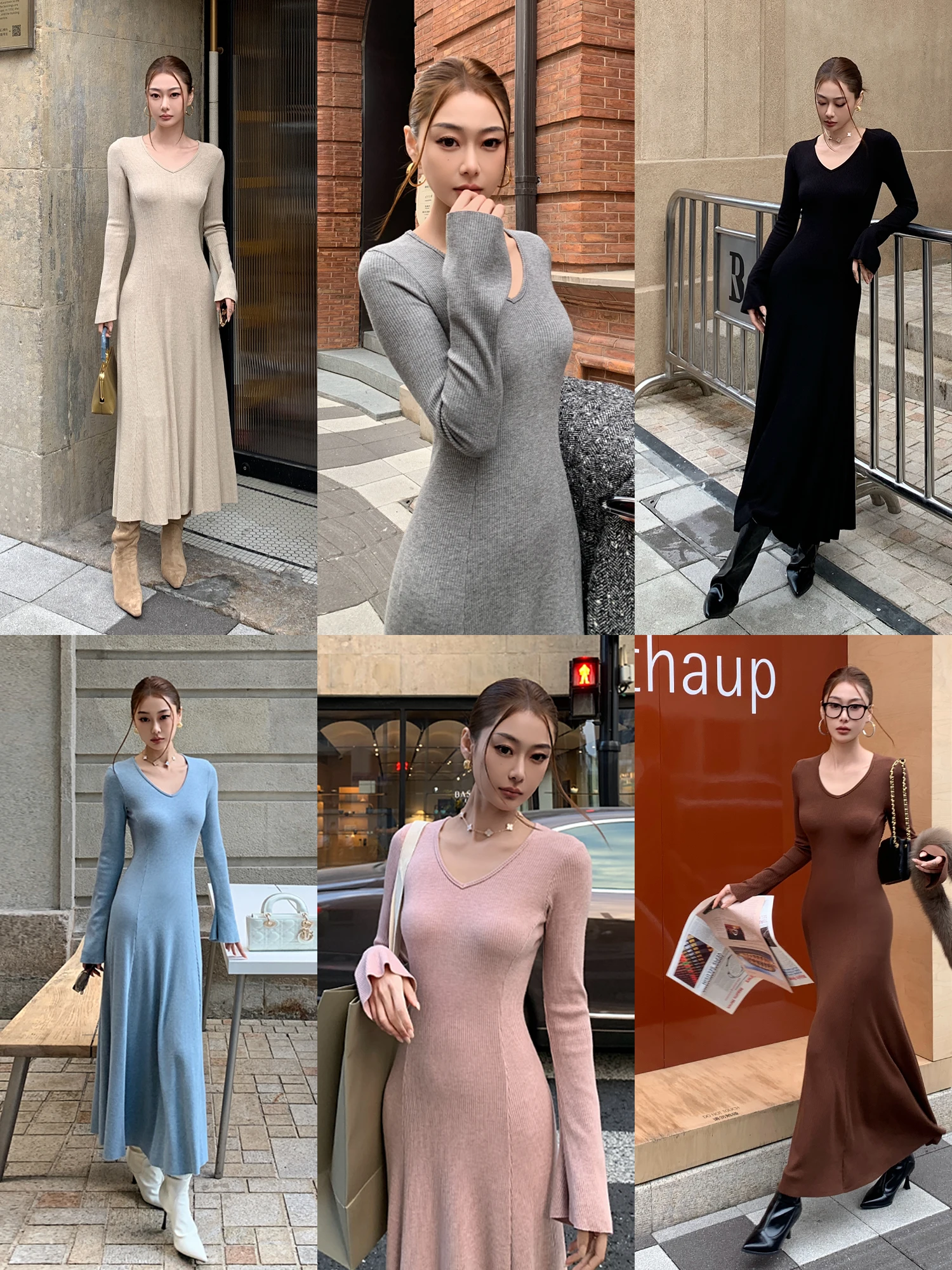 

Ele Long Sve V-Ne Knitted Dr Slim Fit Umbrella Hem Base Layer Dr Multicolor Polyester Fiber Regular Sve