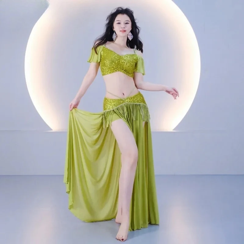 Bauchtanz-Übungskostüme für Damen, bequemes, mit Pailletten besetztes Mesh-Kurztop + Rock-Outfit, professioneller Trainingsanzug für orientalischen Tanz