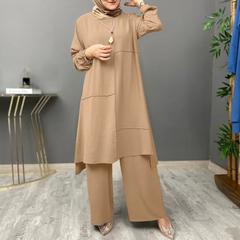 Ramadan Muslim Casual Outfits Women Two Piece Set Long Blouse Top Wide Leg Pants Suit Morocco Dubai Trousers Arab Ensemble