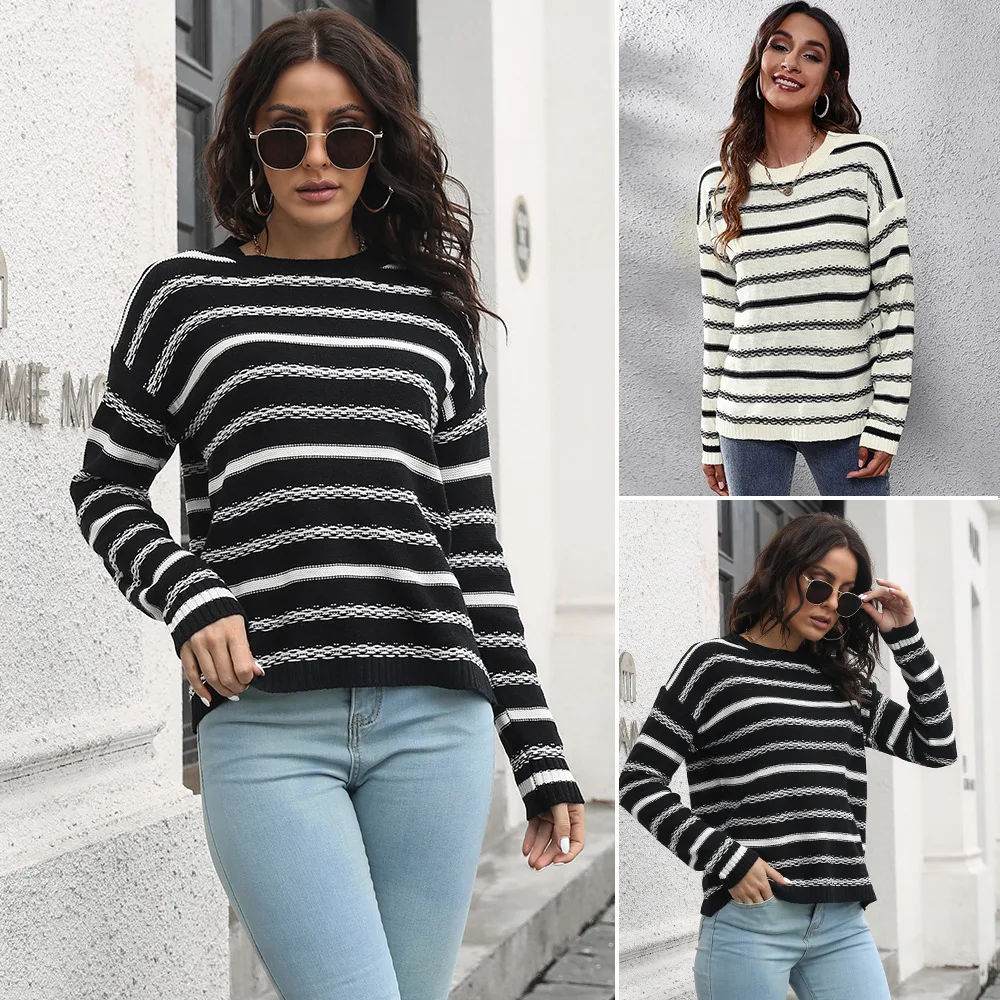 

Striped Long Sleeved Sweater Women's Loose Autumn Winter New Knitted Sweaters Топы Pullover Damen Top Femme Свитер Y2k