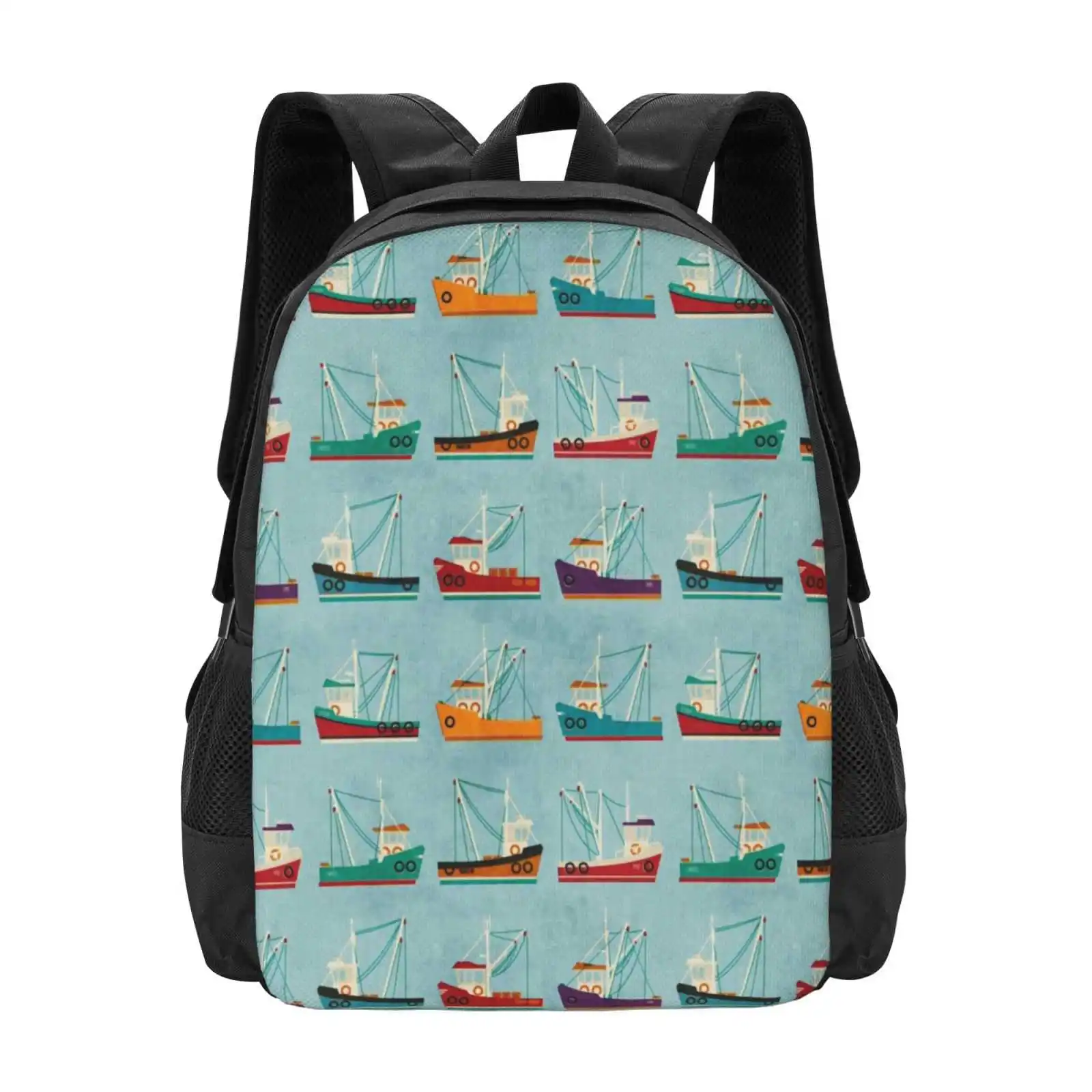 Fishing Trawlers Hot Sale Schoolbag Backpack Fashion Bags Fishing Trawler Boat Seaside Shellfish Retro Pattern Blue