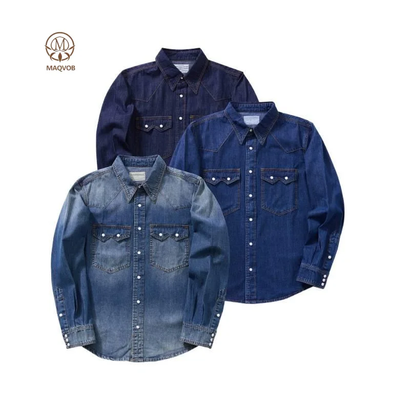 

MAQVOB Top Quality EU US Size Vintage Pearl Button Washed Cotton Denim Shirt Lxury Street Wear Outdoor Casual Denim Shirt
