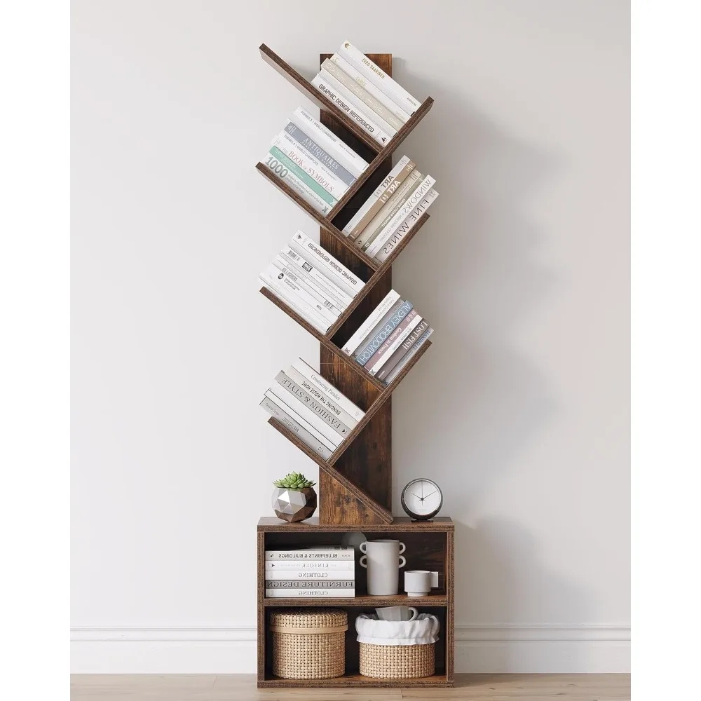 

Small 6 Tier Tree Bookshelf w/Storage Cabinet, Modern Tall Narrow Bookshelves Organizer, Floor Standing Book Shelf for Bedroom