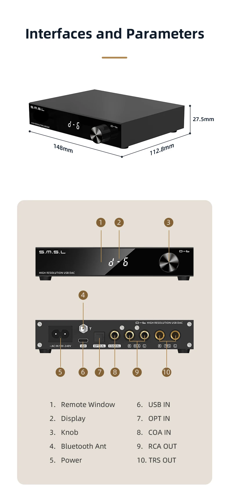 SMSL D-6 D6 Desktop HIFI USB Decoder Dual AK4493S DAC Bluetooth 5.1 QCC5152 Chip supports SBC, AAC,APTX,APTX HD, and LDAC