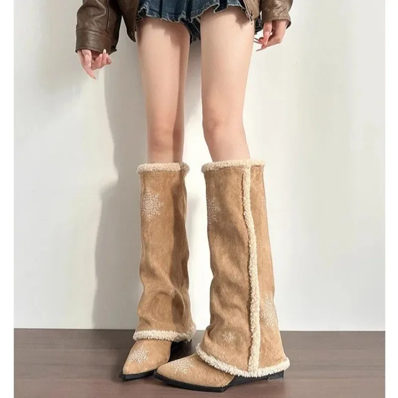 Women's Lamb Wool Snow Boots 2026 New Winter Versatile Fleece-Lined Long Boots Wedge Heeled Pants Boots