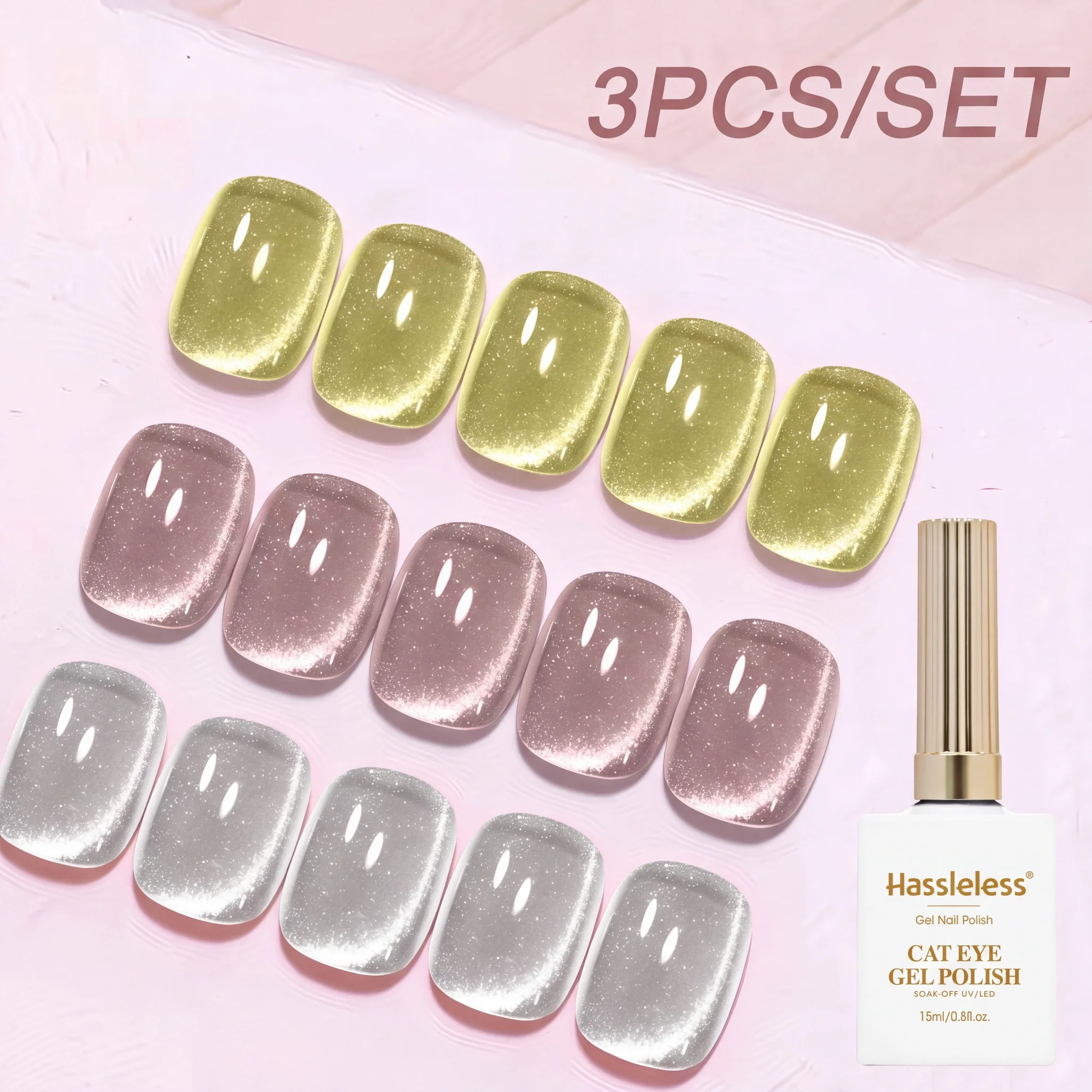 Hassleless 3Pcs Crystal Cat's Eye Nail Polish Set Silver Gray / Pink Tone / Gold Olive Magnetic Cat's Eye Nail Polish 15ml Popular Nail Polish on the Internet