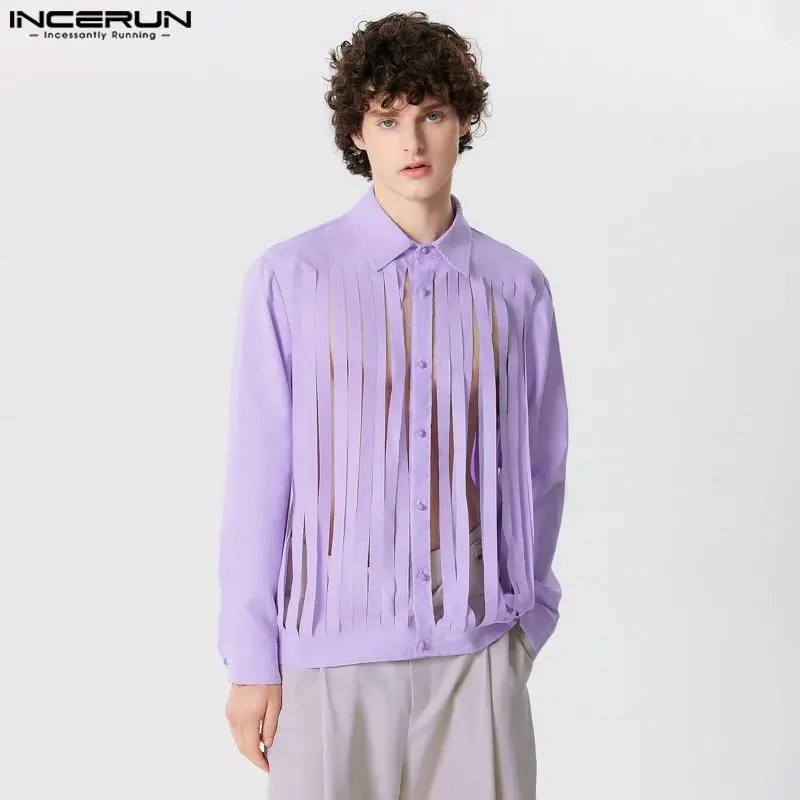 Handsome Well Fitting Tops INCERUN New Mens Solid Tassel Design Shirts Stylish Clubwear Hot Sale Long Sleeved Lapel Blouse S-5XL