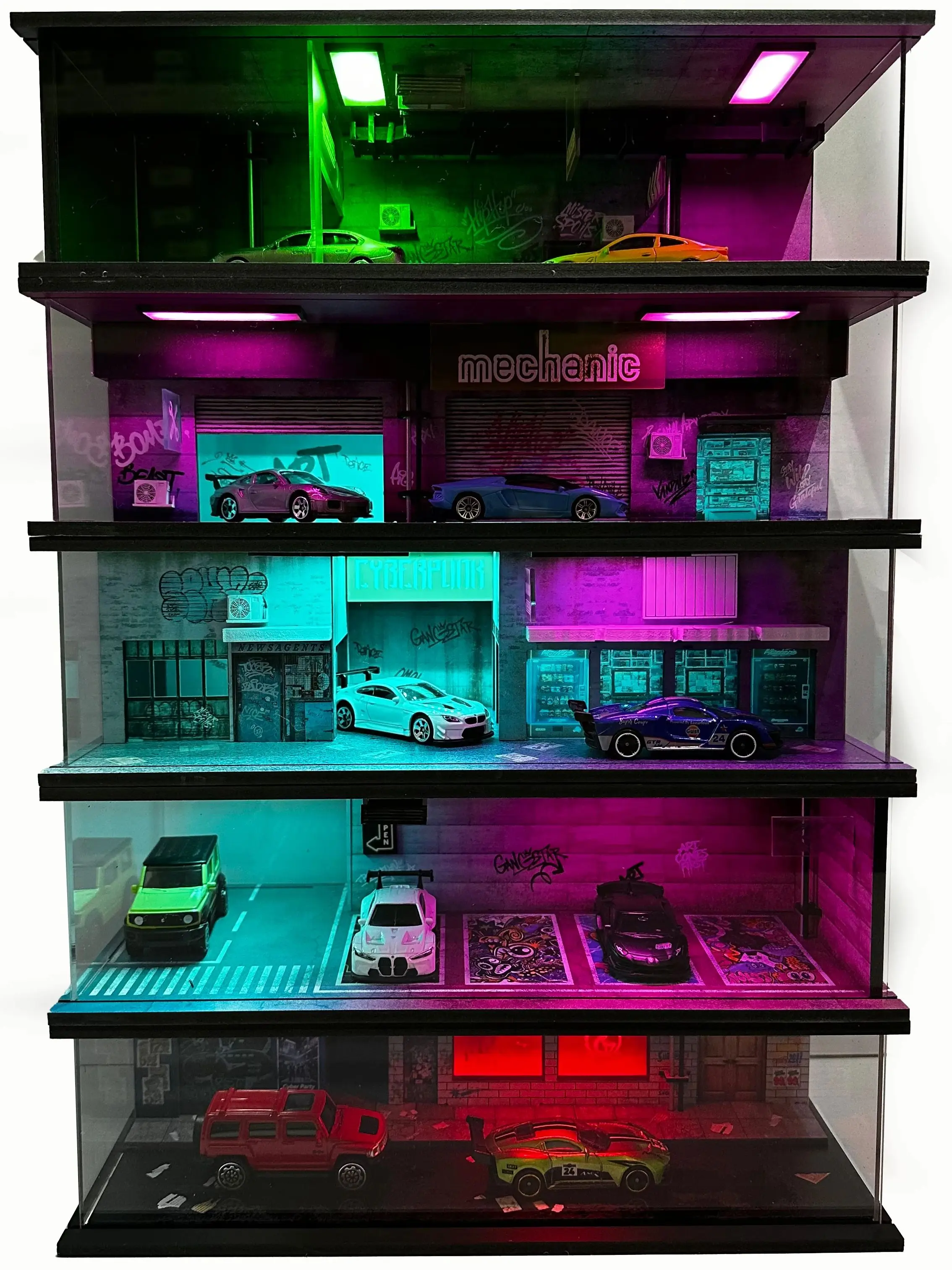 Auto-Parkplatz-Miniaturen im Maßstab 1:64, Cyberpunk-Serie, LED-beleuchtete Montageszene, Diorama für Modellauto-Präsentation & Sammler
