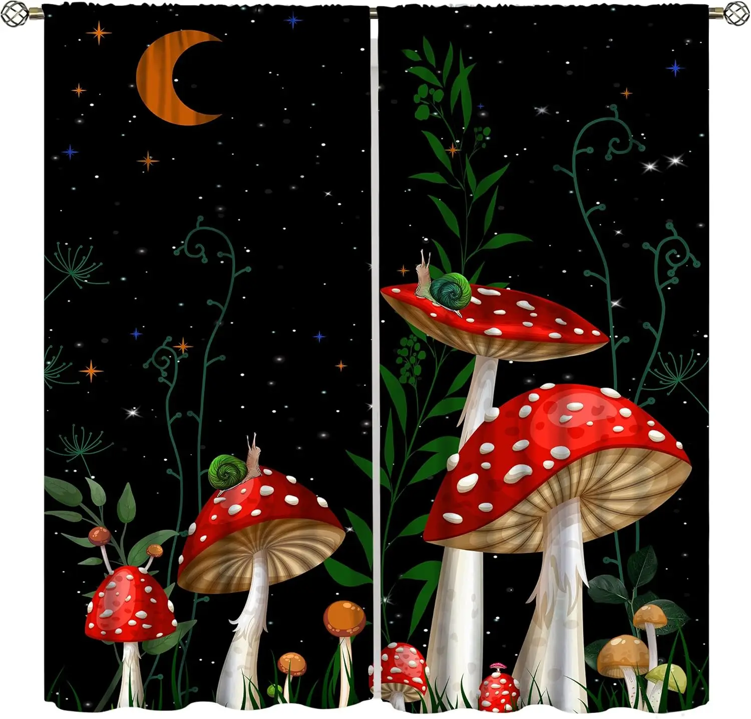 Black Starry Sky Crescent Fly Agaric Mushroom Curtain Snail Green Vine Floral Print Drape For Country Cottage Mystic Witchy
