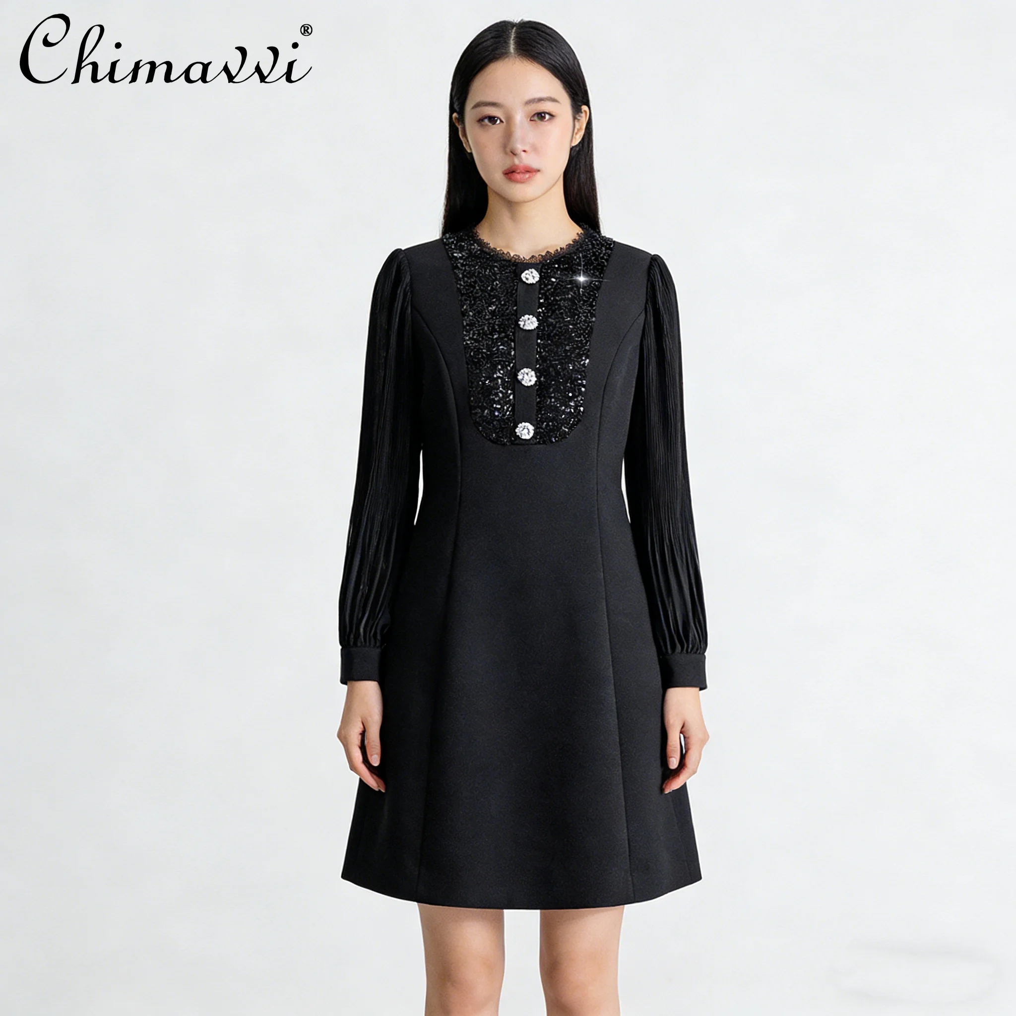

2026 Spring French Elegant Fashion Commuting Black Dress Round Neck Long Sleeve Sequin High Waist A-line Short Dresses for Women