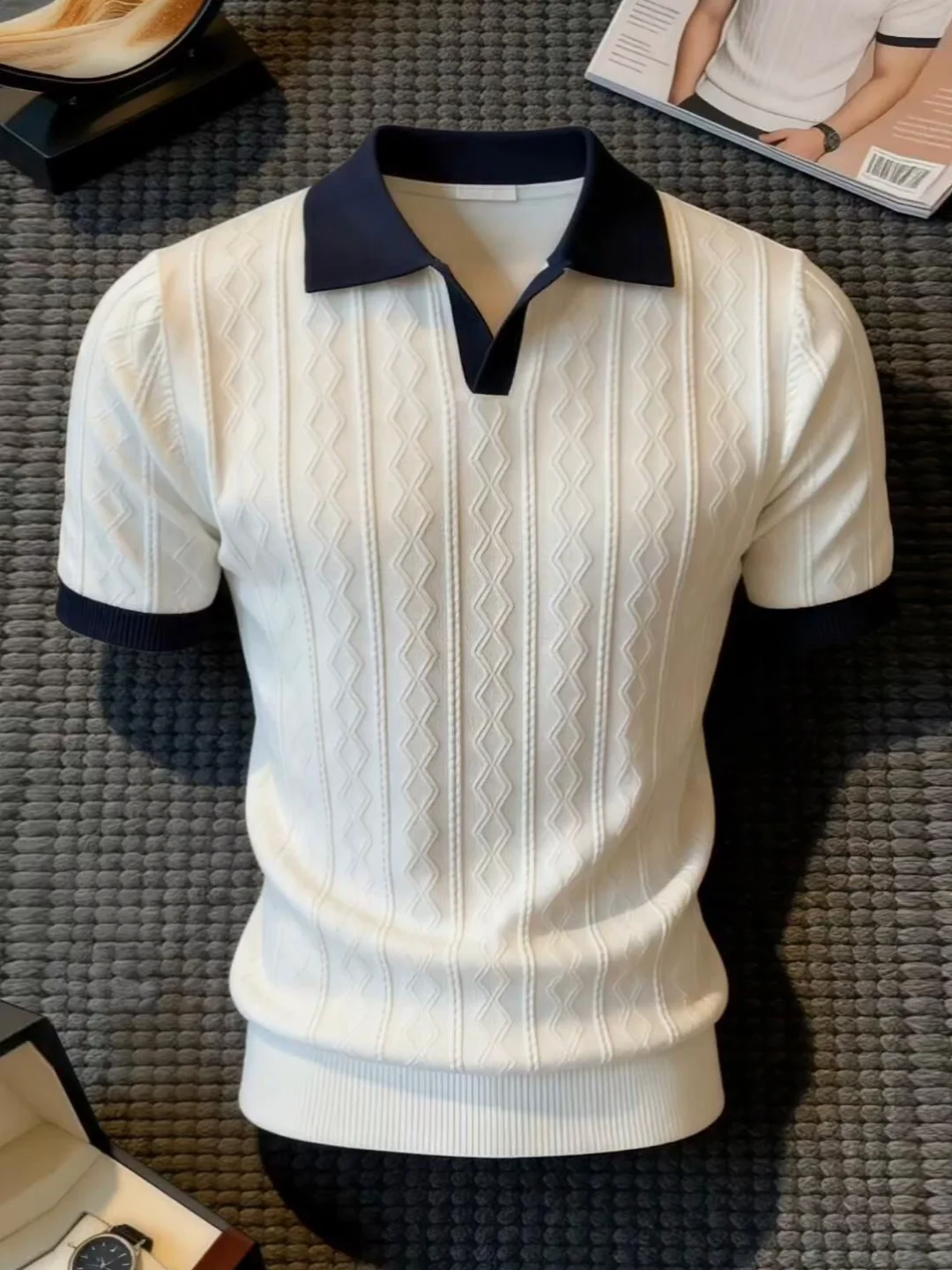 White Heavyweight Ice Silk Stripe Knitted Short Sleeve Men's Luxury Color Block Shoulder  Shirt Cool Feeling Embroidery