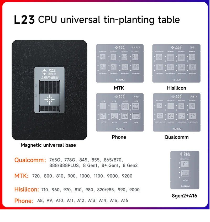 

Набор трафаретов XZZ L23 для реболлинга процессора, для IPhone A8-A16 MTK Hisilicon, Qualcomm, универсальная Магнитная база, BGA-шарики, жестяная платформа