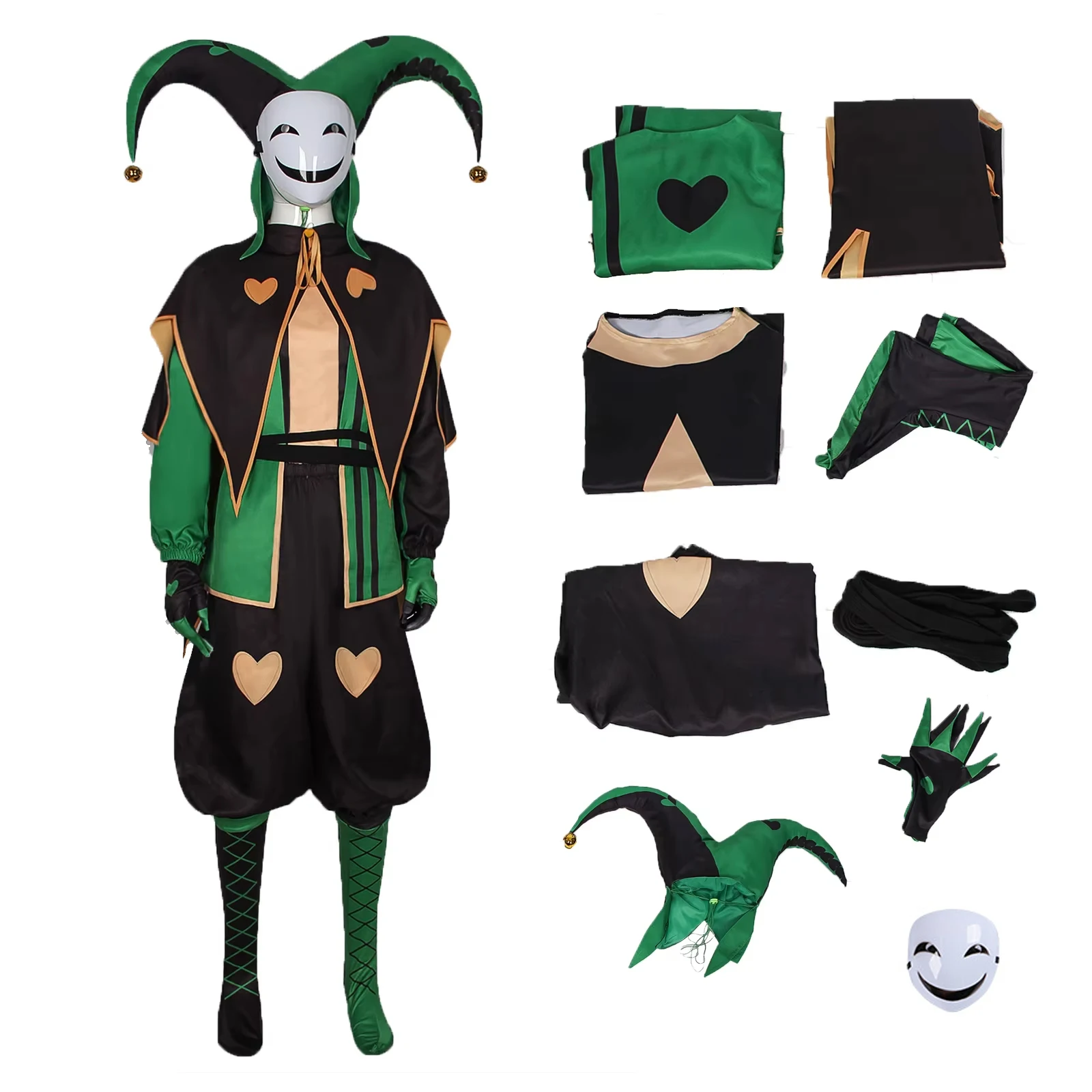 

Костюм для косплея Пьеро, мужской, зеленый, униформа циркового клоуна с полосатыми носками, маской и шляпой, игровой набор для взрослых на Хэллоуин