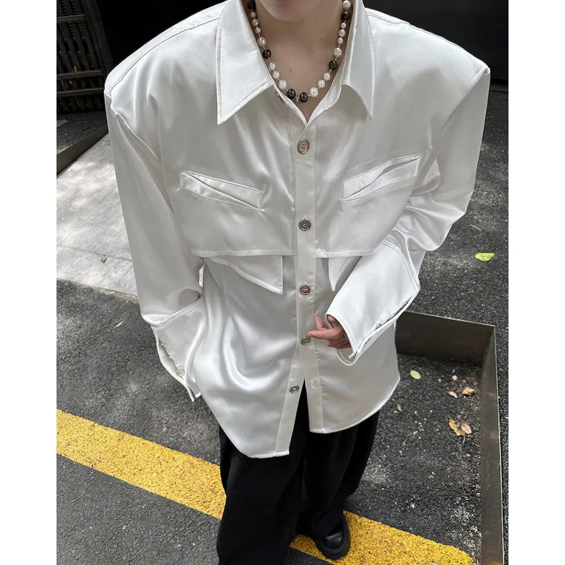 

oulder Pad Men's Long Sve irt Liquid Texture St Faionable Casual Loose Fit Polyester Fiber Autumn Wear