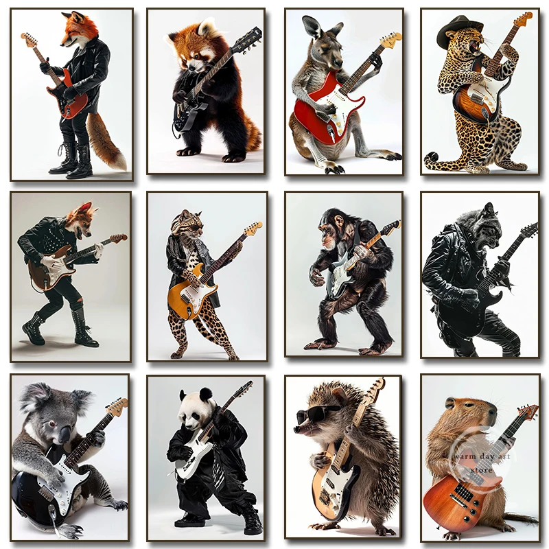 1PC--Fashion Wolf Monkey Panda Capybara Leopard Play Guitar Poster Canvas Painting Wall Art Picture Print Modern Bedroom Home