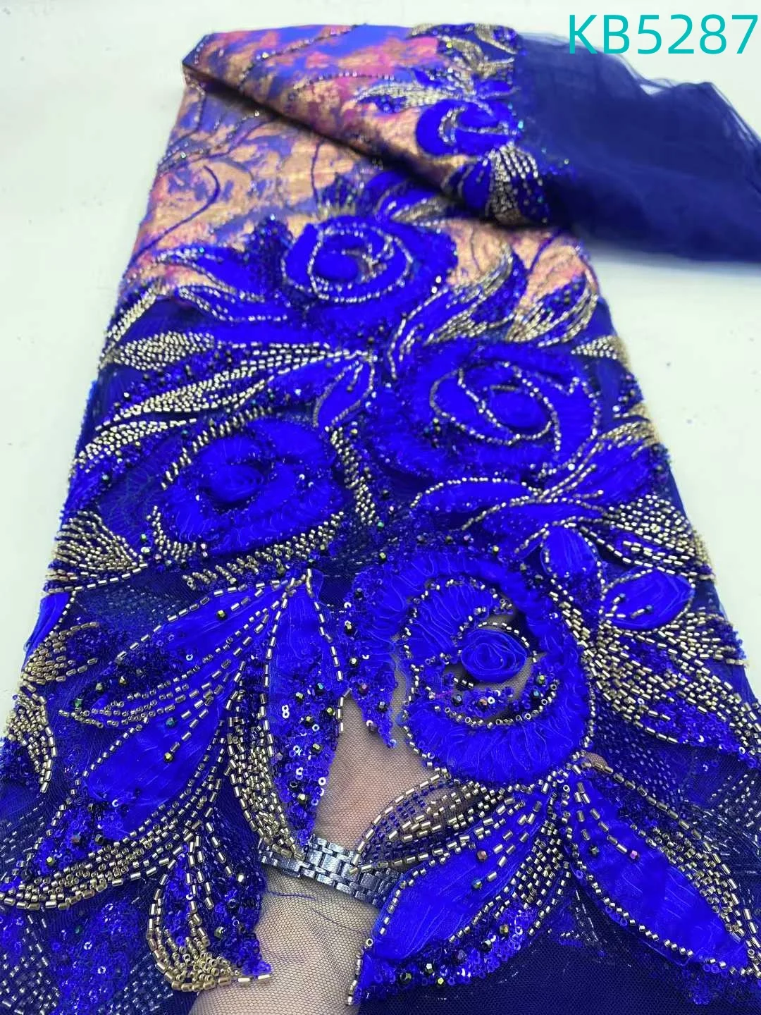 

2026 African Royal Blue Beaded Fabric 5 Yards Sequence French Mesh Tulle Laces Fabric Sewing fabrics For African 5 Yards KB5286