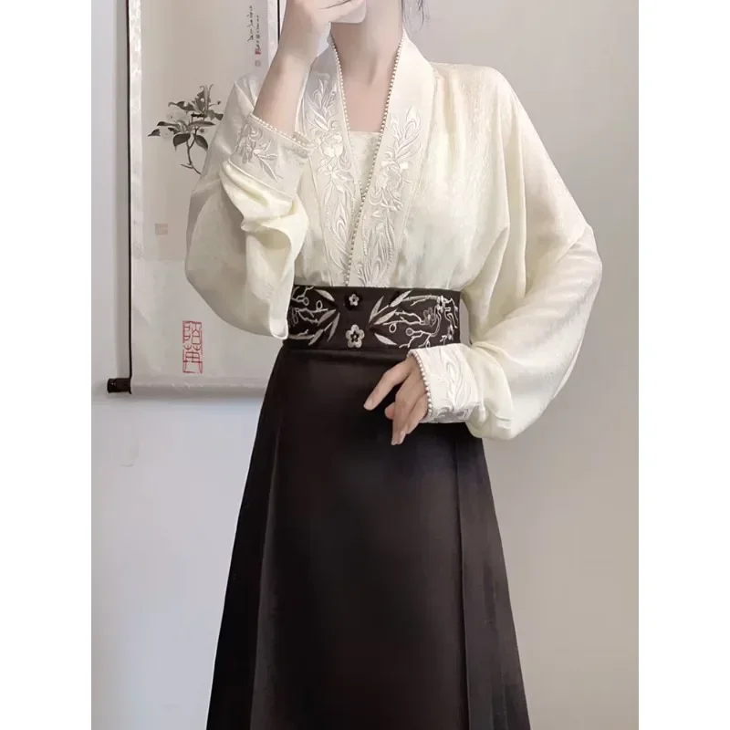 4 Color Chinese Style Cross Collar Embroidery Pearl Decoration Hanfu Tops Shirt for Women Improved Fashion Aircraft Sleeve Tops