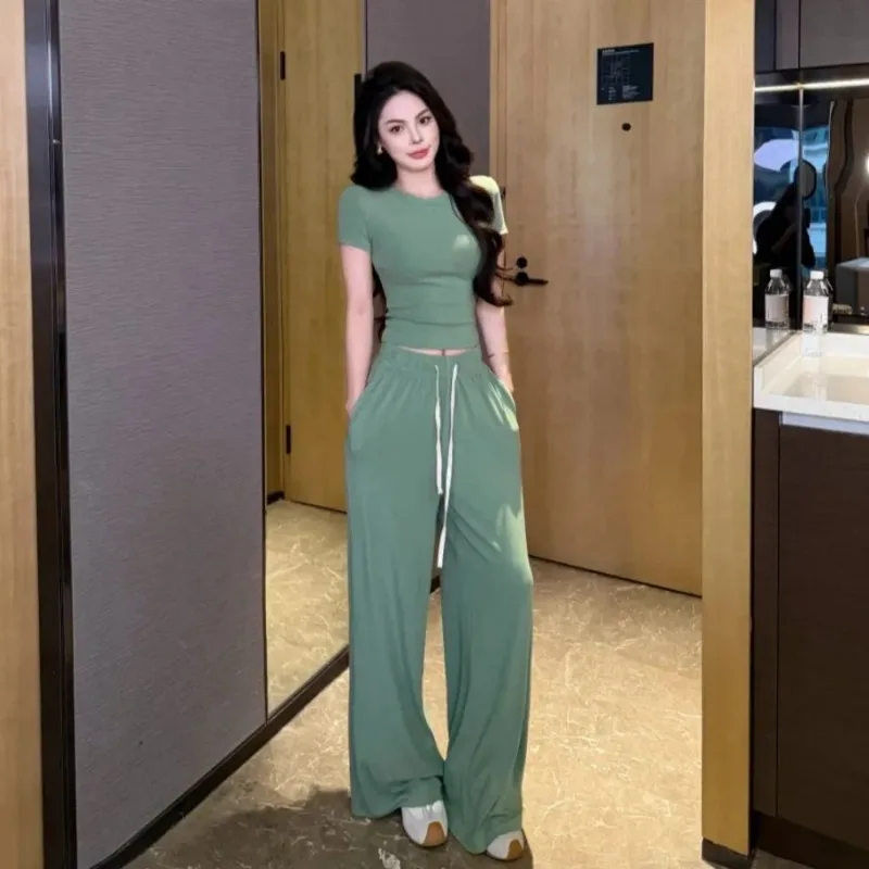 

Women Korean Simple Round Neck Short Sleeve T Shirt Drawstring Wide Leg Pants Two Piece Set Summer Casual Ins Outfit