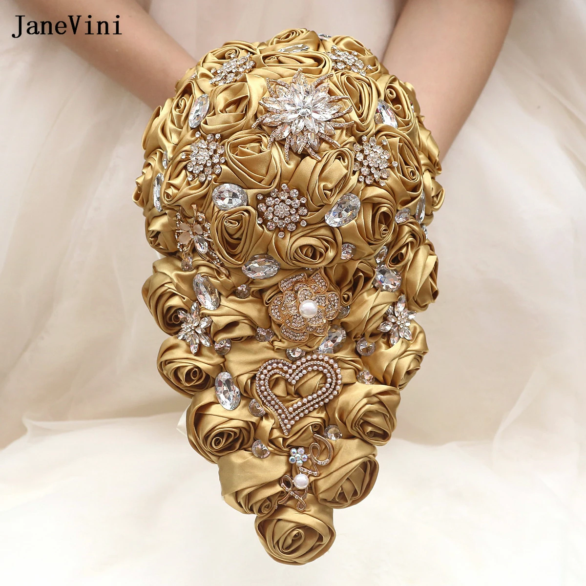 

JaneVini New Light Gold Waterfall Bridal Bouquets with Rhinestone Handmade Satin Roses Bride Holding Flowers Wedding Accessories