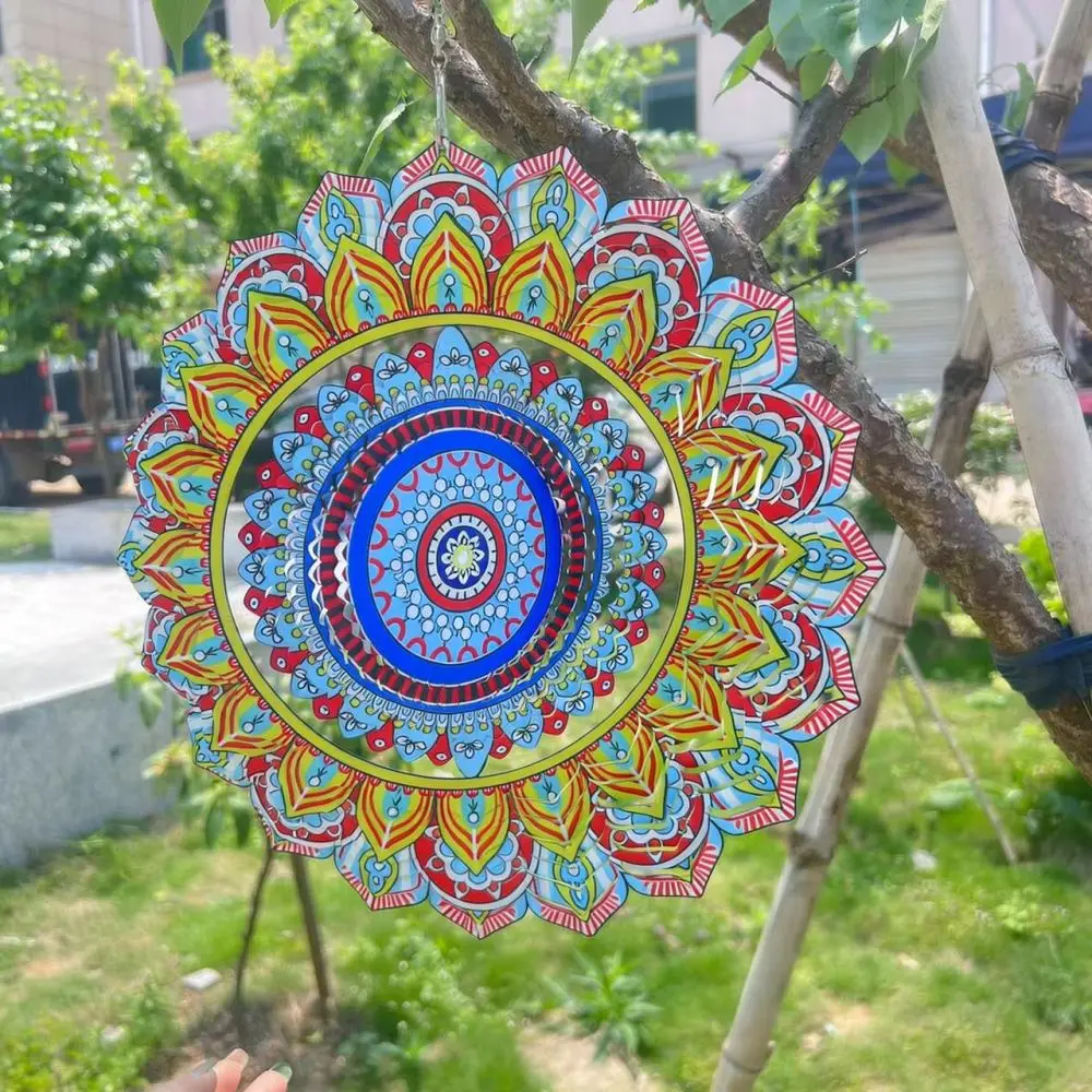 Outdoor Garden Mandala Wind Spinner Metal Hanging Ornament Yard Art 3D Kinetic Sculpture Lawn Decor Pastoral Style