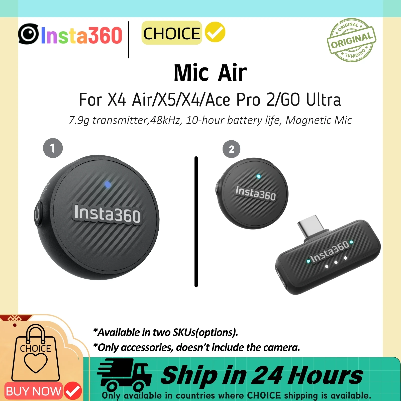 Insta360 Mic Air Mini 7.9g 48k هرتز جهاز إرسال مغناطيسي ميكروفون الصوت لـ Insta 360 X5 X4 Air Ace Pro 2 ملحق أصلي