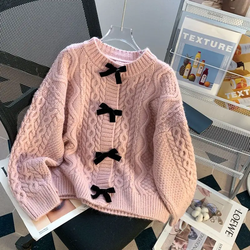 French Elegant Knitted Cardigan Sweet Oversized Chic Sweater V-Neck Long Sleeve Bow Knitwear Jumper Cozy Fashion Aesthetic