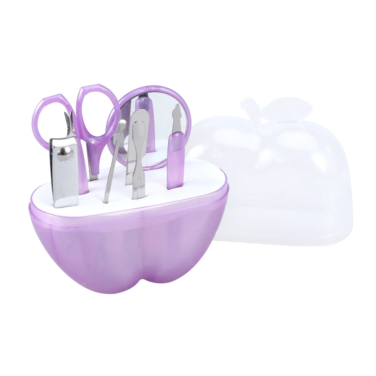 8-in-1 Professionelles Nagel-Maniküre-Set in Apfelform, durchsichtige Aufbewahrungsbox, Edelstahl-Haarschneidemaschine, Schere, Pinzette, Spiegel, Reisen
