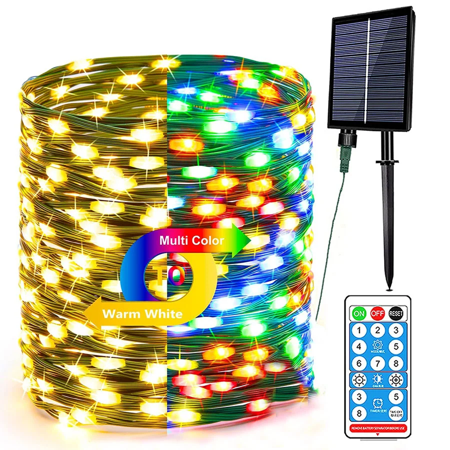 

20m 50m 100m Solar Rope String Lights Outdoor Warm White & Multicolor Upgraded PVC Solar Fairy Light Tree Garland Light