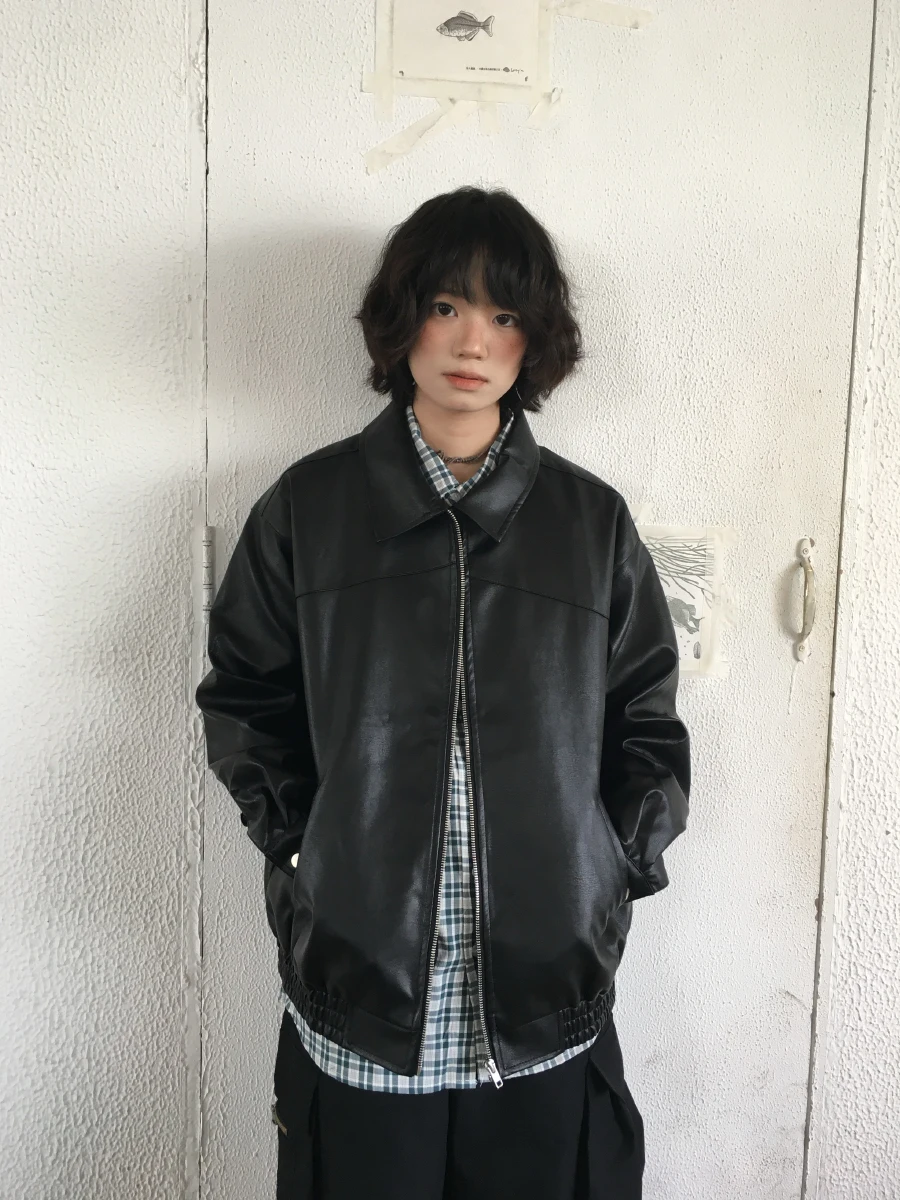 

Matte Bla PU Leather Jaet Simple Sli Streetwear Long Sve Loose Fit Women's Faionable Coat Casual Ele