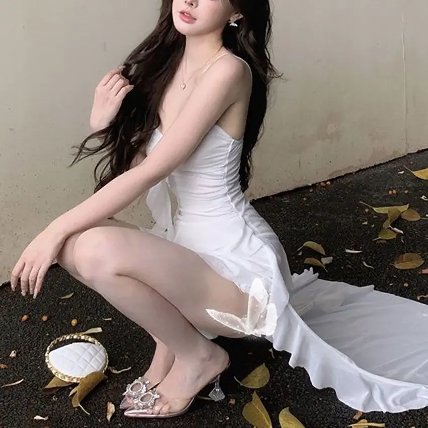 فستان كامي نسائي نحيف مكشكش ورقبة على شكل قلب بدون ظهر وحزام سباغيتي على شكل حرف A فستان فلوي لنادي الحفلات #3