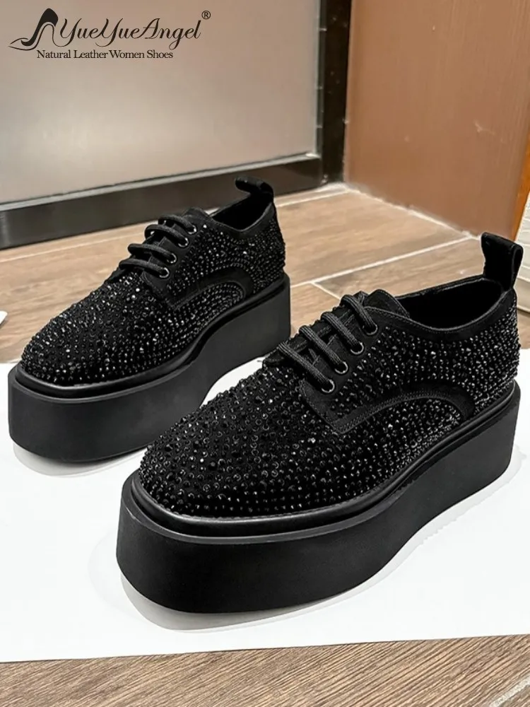 

Модные туфли-лодочки на платформе из натуральной кожи с бриллиантами в стиле досуга, однотонные женские туфли на высоком каблуке из коровьей замши с квадратным носком и шнуровкой