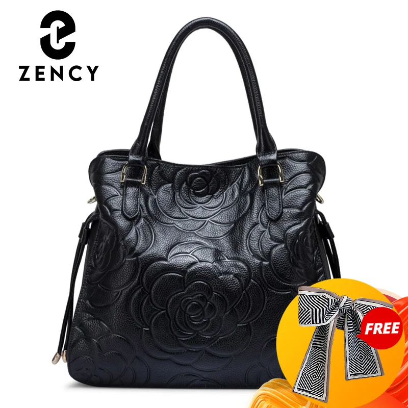 Zency Luxury Designer Handbag For Women 2024 New Genuine Leather Embosse Rose Decorate Crossbody Cowhide Tote Shopper Bag Purse