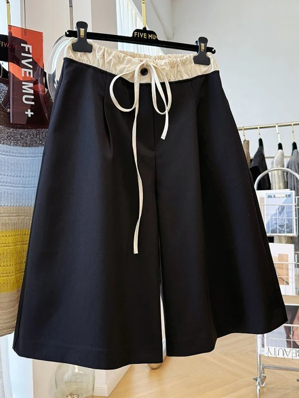 

plus Size High Waist Dstring Color Blo Seven Inch Pants Women's Casual Straight Leg Trousers Autumn Season Polyester Fiber