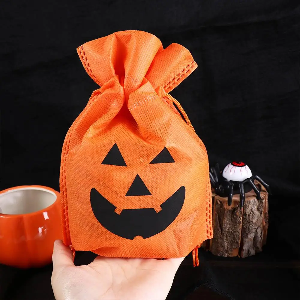 Tas tangan Halloween tas permen perhiasan Organizer kemasan koin dompet labu tas hadiah Oranye hitam serut kantong penyimpanan