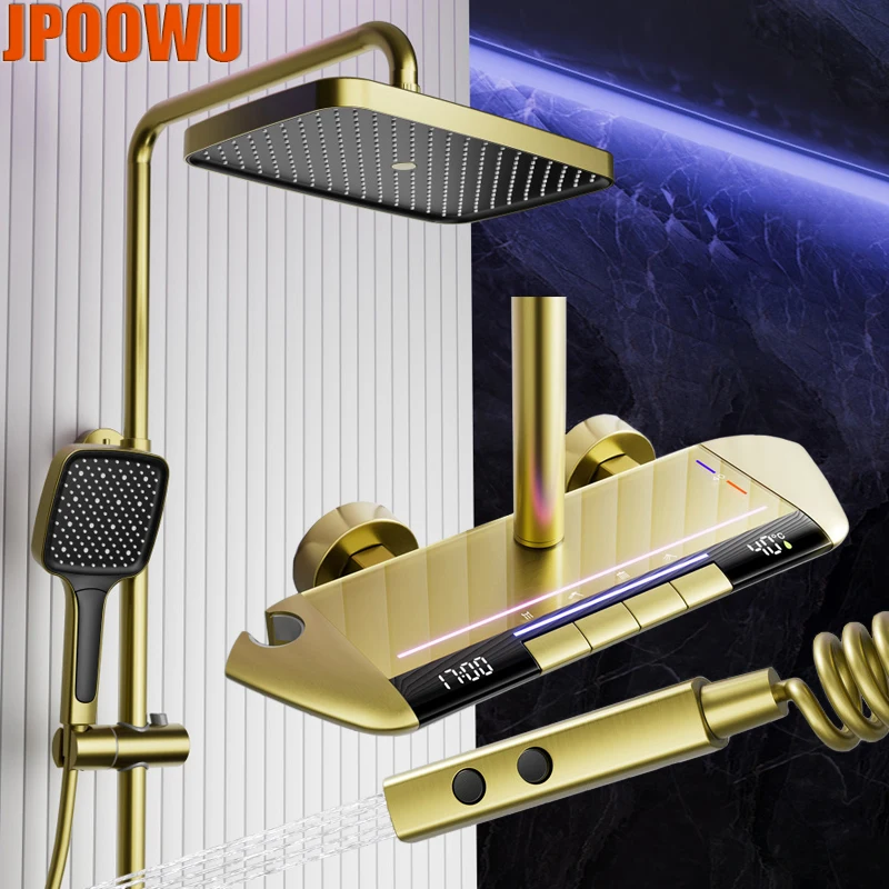 

LED Digital Atmosphere Light Shower Faucet Bathroom Hot Cold Thermostatic Mixer Shower System Bathtub Brush Gold Luxury Faucets